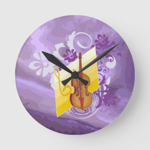 Violin Blommigt Swirl Lila Medium Round Wall Clock Rund Klocka