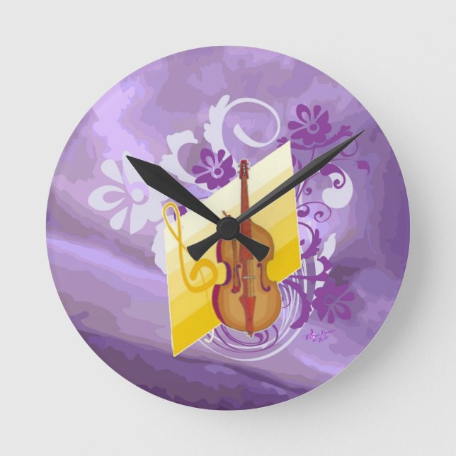 Violin Blommigt Swirl Lila Medium Round Wall Clock Rund Klocka (Framsida)