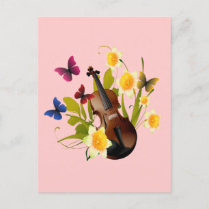 VIOLIN, BLOMMOR OCH BUTTERFLITER VYKORT