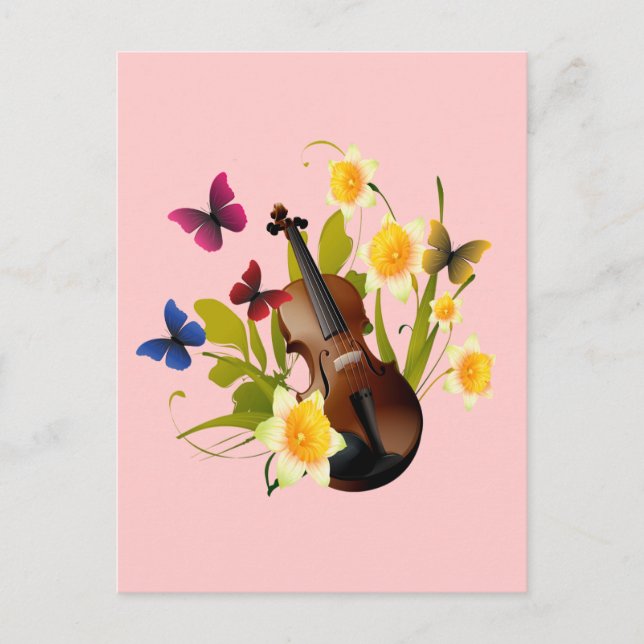 VIOLIN, BLOMMOR OCH BUTTERFLITER VYKORT (Framsida)