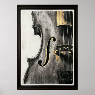 Violin Cello Svart Vitt Guld Abstrakt Musik Konst Poster