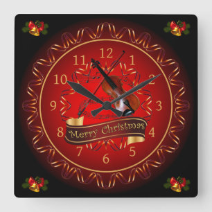 Violin ~ God jul ~ Maroon & Black ~ Fyrkantig Klocka