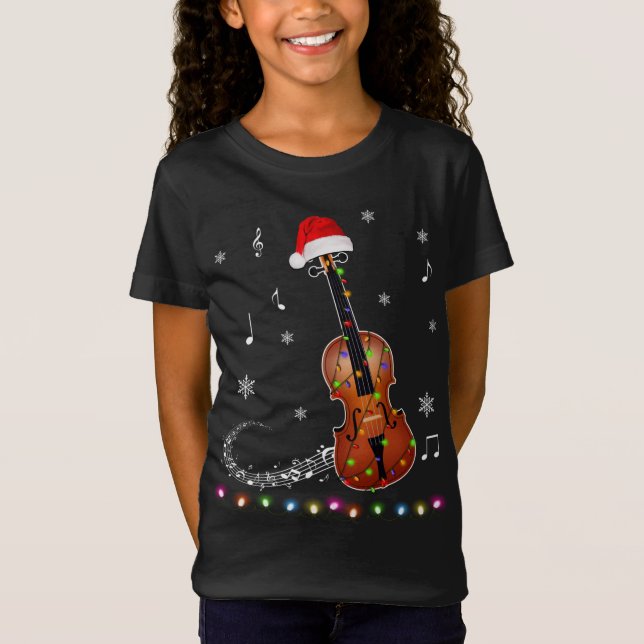 Violin Instrument Santa Hat jul Ljus Julafton T Shirt (Framsida)