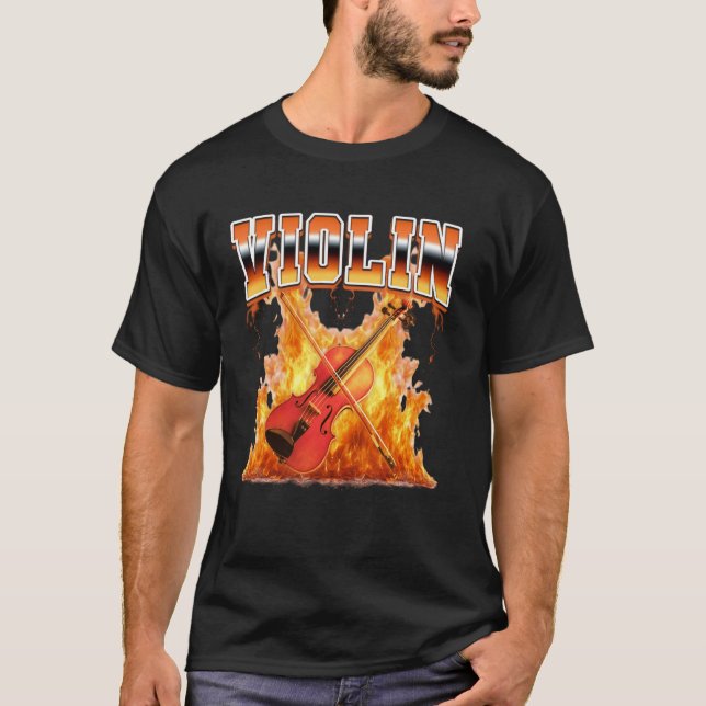 Violin Instrument Violinist Flames 90s Bootleg Sty T Shirt (Framsida)