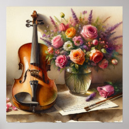 Violin, Lakan Music och Vas i Flowers Poster