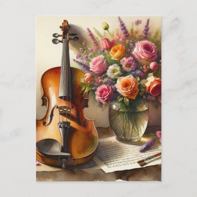 Violin, Lakan Music och Vas i Flowers Vykort (Framsida)