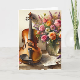 Violin, Lakan Music och Vas på Blommor Birthday Kort