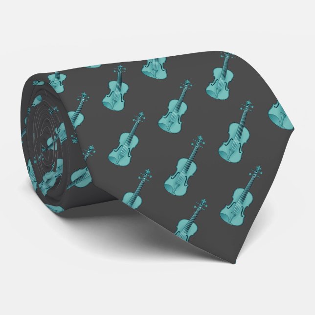Violin Mönster - Blue och Mörk Grått Slips (Rullad)