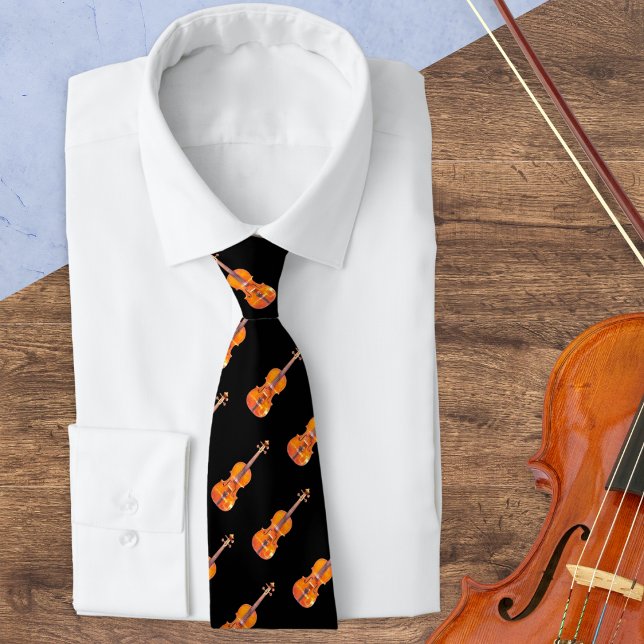 Violin Mönster Musical Instrument Music Älskare Slips (A stylish tie for classical music lovers, with pattern of violins on a black background)