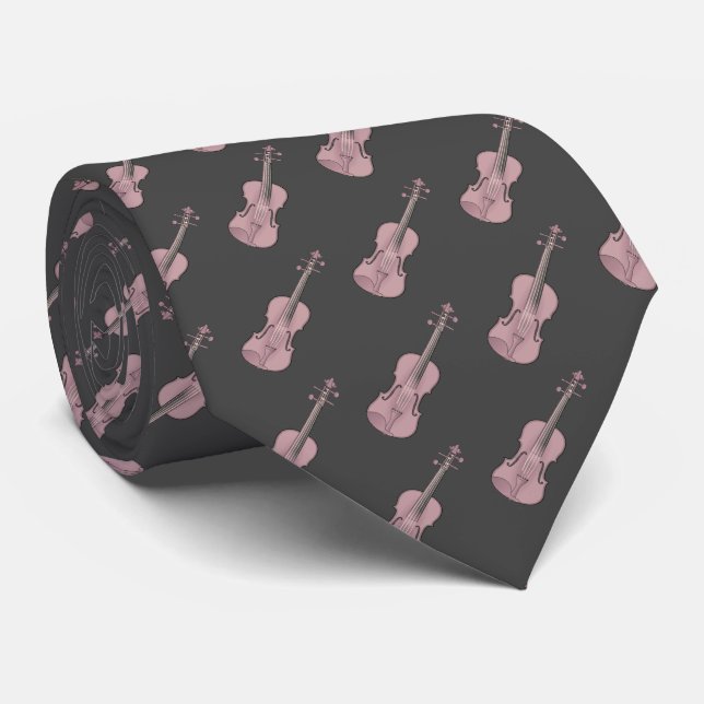 Violin Mönster - Rosa och Mörk Grått Slips (Rullad)