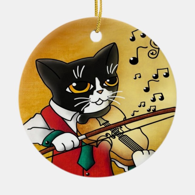 Violin Music Cat Julgransprydnad Keramik (Framsidan)