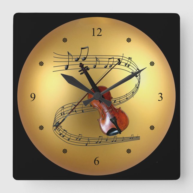 Violin ~Musical Rulla ~ Golden Globe Background ~ Fyrkantig Klocka (Framsida)