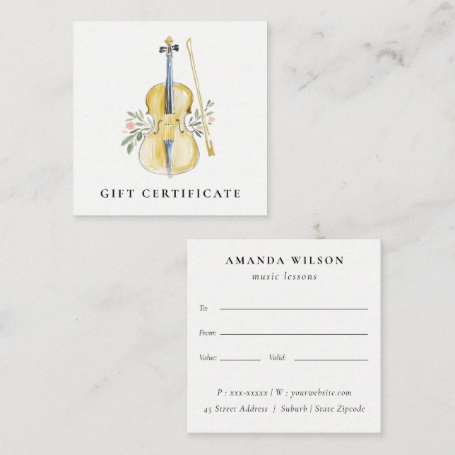 Violin Musician Music Teacher Gift Certificate Fyrkantigt Visitkort (Fram/baksida)
