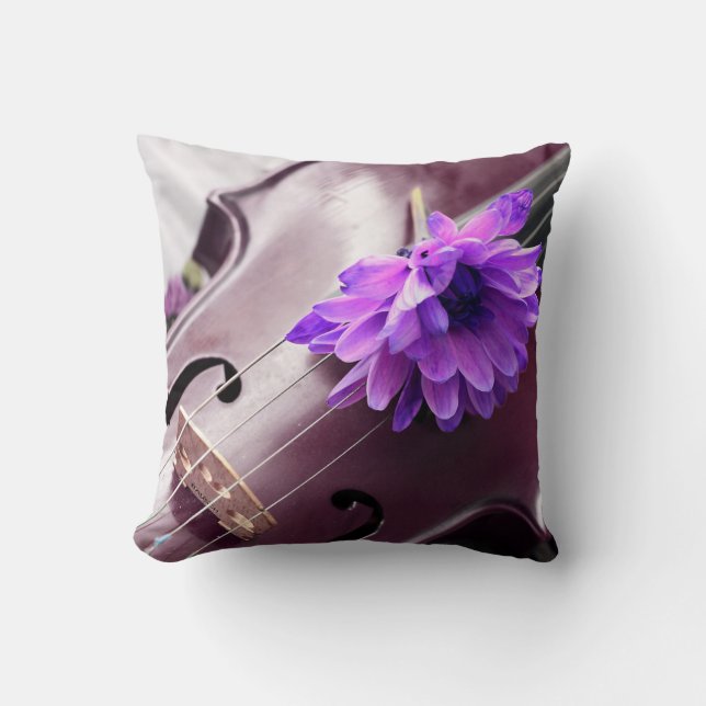 Violin och en Lila Flower Modern Art Pillow Kudde (Framsida)