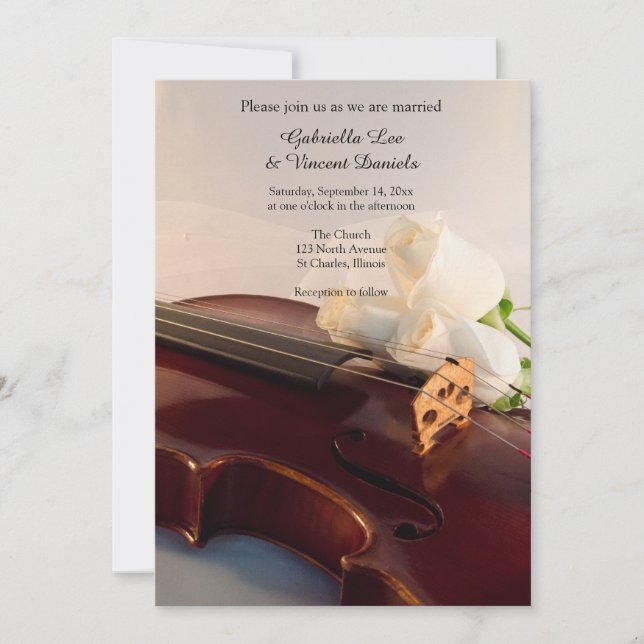 Violin och Vit ros Flowers Bröllop Inbjudningar (Framsida)