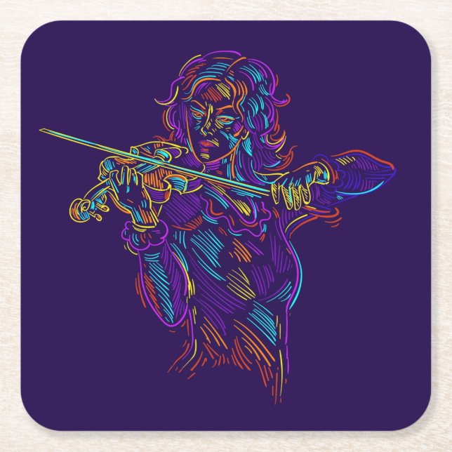 Violin Player Abstrakt Neon Teckning Underlägg Papper Kvadrat (Framsidan)