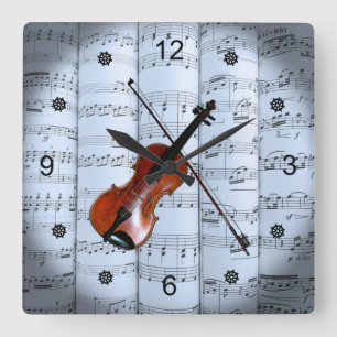 Violin ~ Rolled Lakan Music ~ Blue Tint Background Fyrkantig Klocka