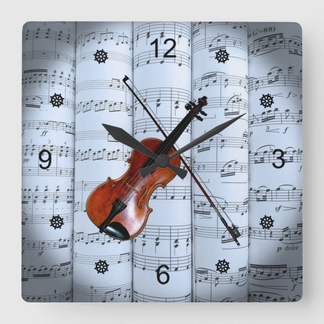 Violin ~ Rolled Lakan Music ~ Blue Tint Background Fyrkantig Klocka (Framsida)