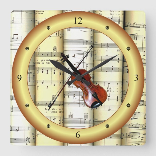 Violin ~ Rolled Lakan Music ~ Guld Ring ~ * ~ Fyrkantig Klocka (Framsida)