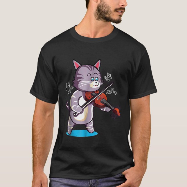 Violin Speling Coola Grått Cat Kärlek Music Kitten T Shirt (Framsida)