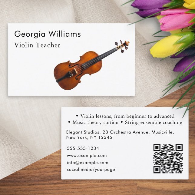 Violin Teacher Musical Instrument Tutor QR-kod Visitkort (An elegant, customizable business card for a violin teacher, with scannable QR code)