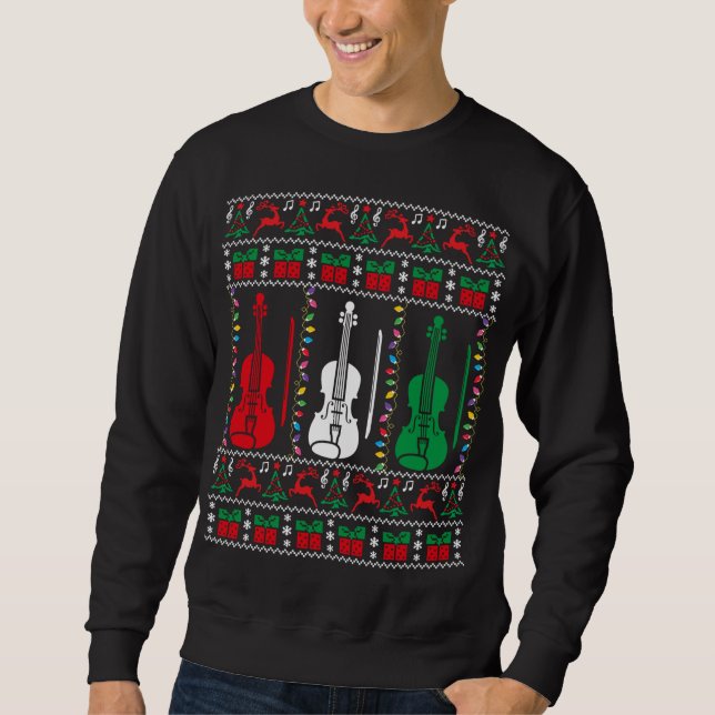 Violin Ugly jul Sweater Violinist Julafton Famil Lång Ärmad Tröja (Framsida)