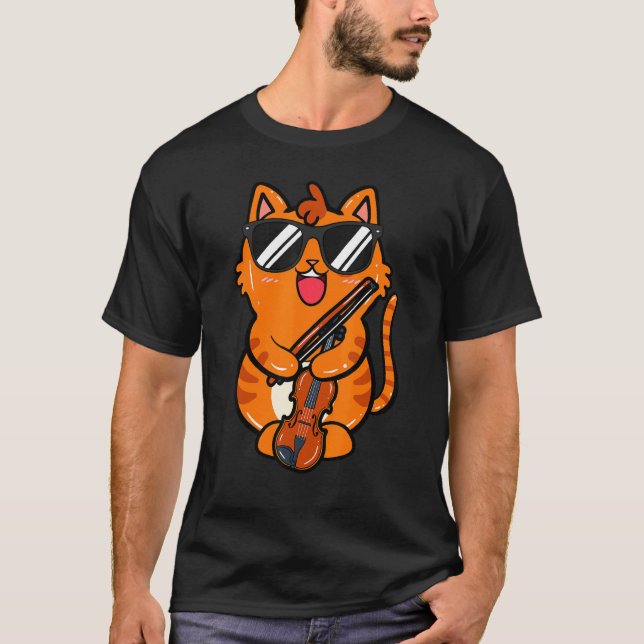 Violin Violinist Fiol Katt  Orkester Klassisk M T Shirt (Framsida)