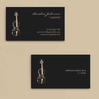 Violinist Black Guld Elegant Script Music Teacher Visitkort