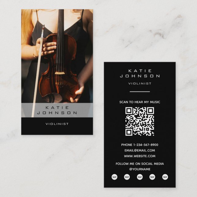 Violinist Cello Musiker Foto QR-kod Visitkort (Fram/baksida)