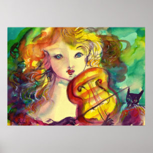 VIOLINIST Flicka, violin och katt Poster