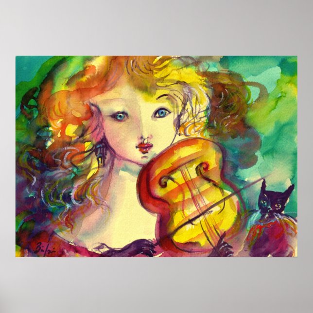 VIOLINIST Flicka, violin och katt Poster (Framsidan)