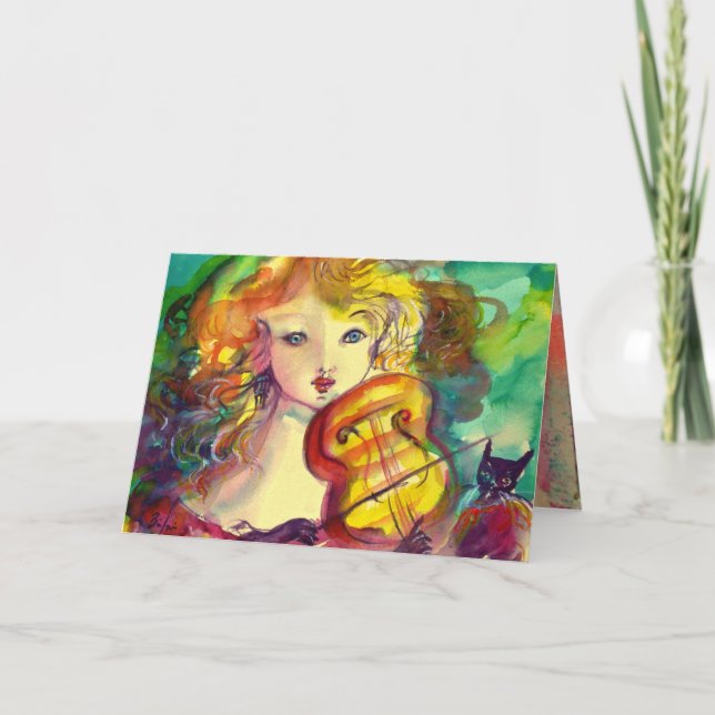 VIOLINIST GIRL, VIOLIN OCH CAT Fars dag Kort (Framsida)