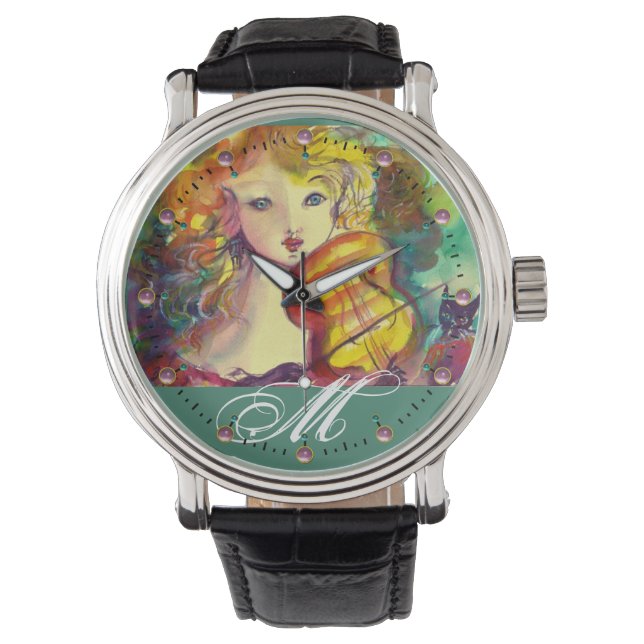 VIOLINIST GIRL, VIOLIN OCH CAT MONOGRAM ARMBANDSUR (Framsida)