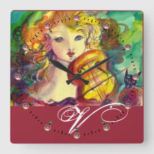 VIOLINIST GIRL, VIOLIN OCH CAT MONOGRAM FYRKANTIG KLOCKA