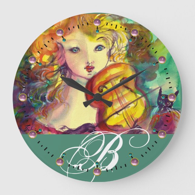 VIOLINIST GIRL, VIOLIN OCH CAT MONOGRAM STOR KLOCKA (Framsida)