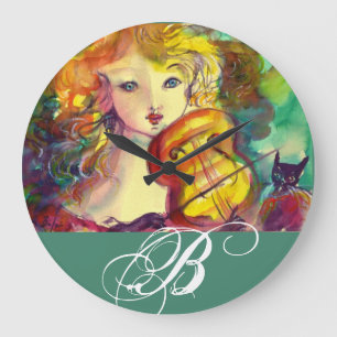 VIOLINIST GIRL, VIOLIN OCH CAT-MONOGRAM STOR KLOCKA