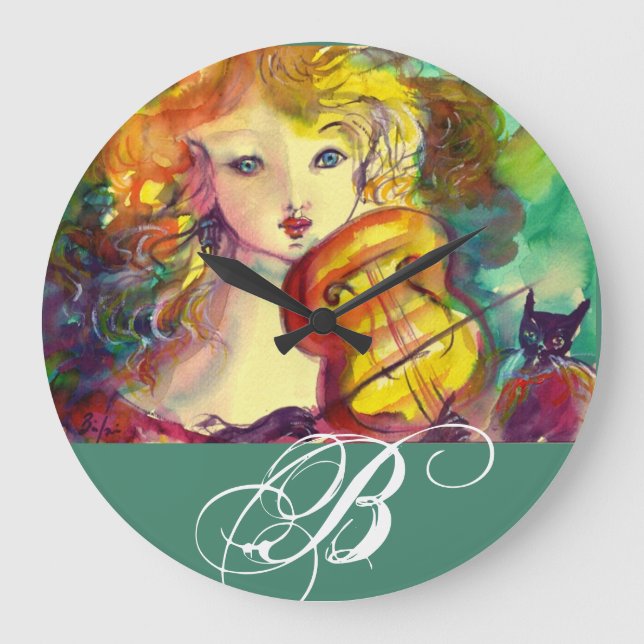 VIOLINIST GIRL, VIOLIN OCH CAT MONOGRAM STOR KLOCKA (Framsida)