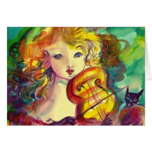VIOLINIST GIRL, VIOLIN OCH CAT Mors dag Hälsningskort