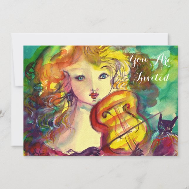 VIOLINIST GIRL, VIOLIN OCH CAT-Söt 16 födelsedagar Inbjudningar (Framsida)