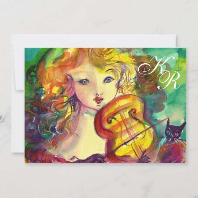 VIOLINIST GIRL, VIOLIN OCH CAT Sweet !6 Monogram Inbjudningar (Framsida)