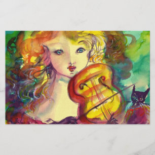 VIOLINIST GIRL, VIOLIN OCH KAT BREVPAPPER