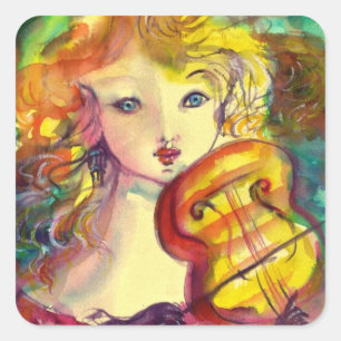 VIOLINIST GIRL, VIOLIN OCH KAT FYRKANTIGT KLISTERMÄRKE