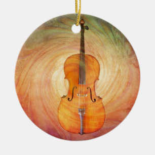 Violoncell med varm färgrik texturerad bakgrund julgransprydnad keramik