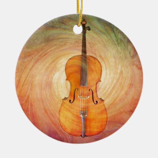 Violoncell med varm färgrik texturerad bakgrund julgransprydnad keramik (Framsidan)