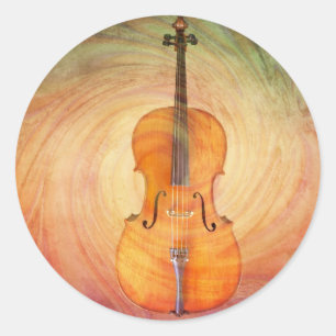 Violoncell med varm färgrik texturerad bakgrund runt klistermärke