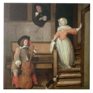 Violoncellspelare, c.1700 (olja på kanfas) kakelplatta
