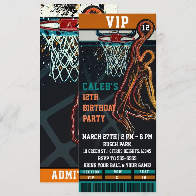 VIP-biljett till basketfödelledagsfest Inbjudningar (Fram/baksida)