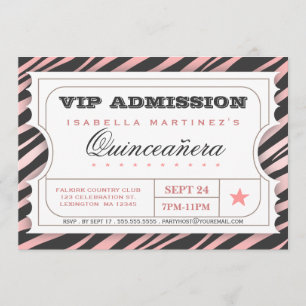VIP Biljett Zebra Glam Quinceanera Födelsedagsfest Inbjudningar