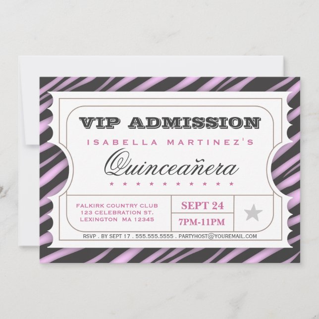 VIP Biljett Zebra Glam Quinceanera Födelsedagsfest Inbjudningar (Framsida)