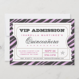 VIP Biljett Zebra Glam Quinceanera Födelsedagsfest Inbjudningar